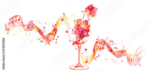 Beautiful wine glass with grapes and musical notes staff. Colorful goblet for alcoholic beverage. Glogg for celebrations and special occasions. Vino fairs and degustation events. Vector illustration