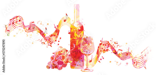 Beautiful wine glass with bottle, grapes and musical notes staff isolated. Alcoholic beverage, liquor for celebrations and special occasions. Vino fairs and degustation events. Vector illustration