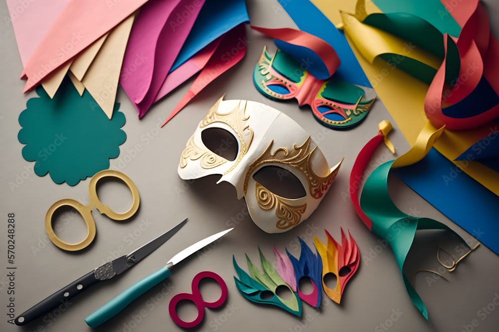 Obraz premium Color full Carnival mask with paper and scissor on a table