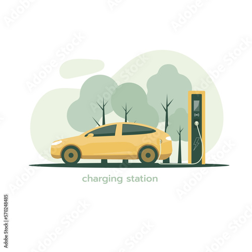 Electric car is charging. Electric car with charging station. The concept of charging an electric car.