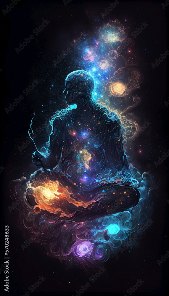 A cross-legged human figure. sidereal atmosphere. Concept of meditation and spiritual peace for mental health. 3d rendering.
