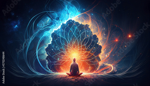 Concept of astral projection and spiritual healing of the soul and body.  Meditating person looking inside himself. Lotus flower shape. Ai generated.