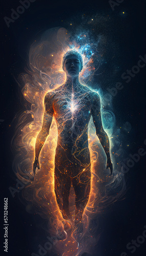  Meditating person looking inside himself. Concept of astral projection and spiritual healing of the soul and body. Ai generated.