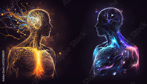 Journey through the universe.  Concept of astral projection and spiritual healing of the soul and body.  Meditating person looking inside himself. 3d rendering.