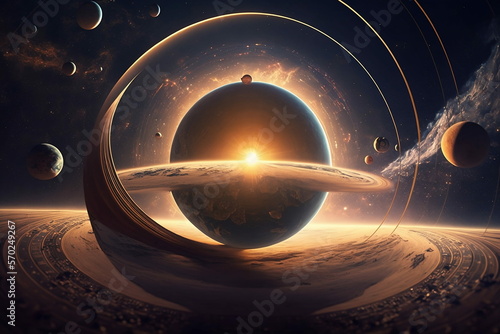 Futuristic image of a galaxy in deep space. Solar system. Abstract drawing of the future, science fiction and astronomy. Ai Generated
