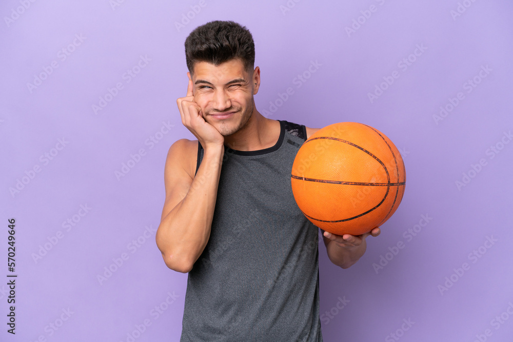 young caucasian woman  basketball player man isolated on purple background frustrated and covering ears