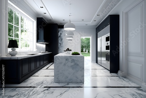 moderne Küche in schwarz weiß, marmorboden mit spiegelung und akzenten, futuristischer Stil, 3d