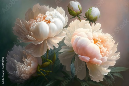 Pfingstrosen in Ölmalerei, wunderschöne Rosa und weiße Farben, Knospen fangen zu Blühen an photo