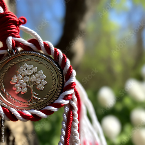 martisor unique decorative authentic symbol of Romanian culture made of white and red threads with a brush. baba marta day Generative AI photo