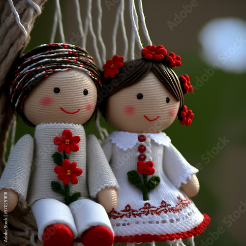 Pizho and Penda Bulgarian Martenitsa spring sign. Boy and girl figures made of red and white threads Generative AI photo