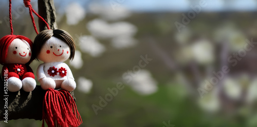 Print op canvas Traditional martenitsa dolls made from red and white yarn