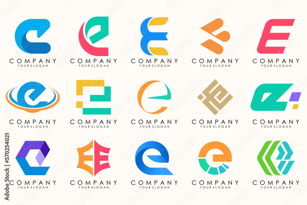 Abstract logos mega collection with letters E. Geometrical abstract logos