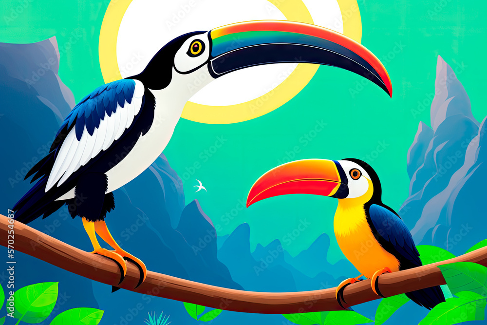 Naklejka premium Toucan sitting on the branch in the forest, digital painting art. Ramphastos sulfuratus, bird with big bill. Generative AI