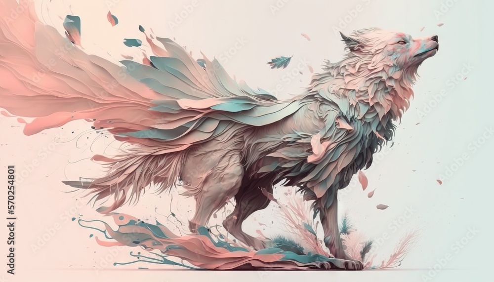 Fototapeta Wolf with wings animal abstract wallpaper in pastel colors generative ai 