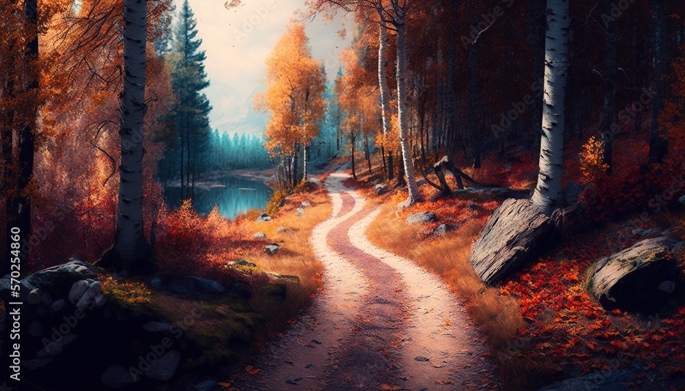 Fototapeta premium Path way through the autumnal forest.Generative AI