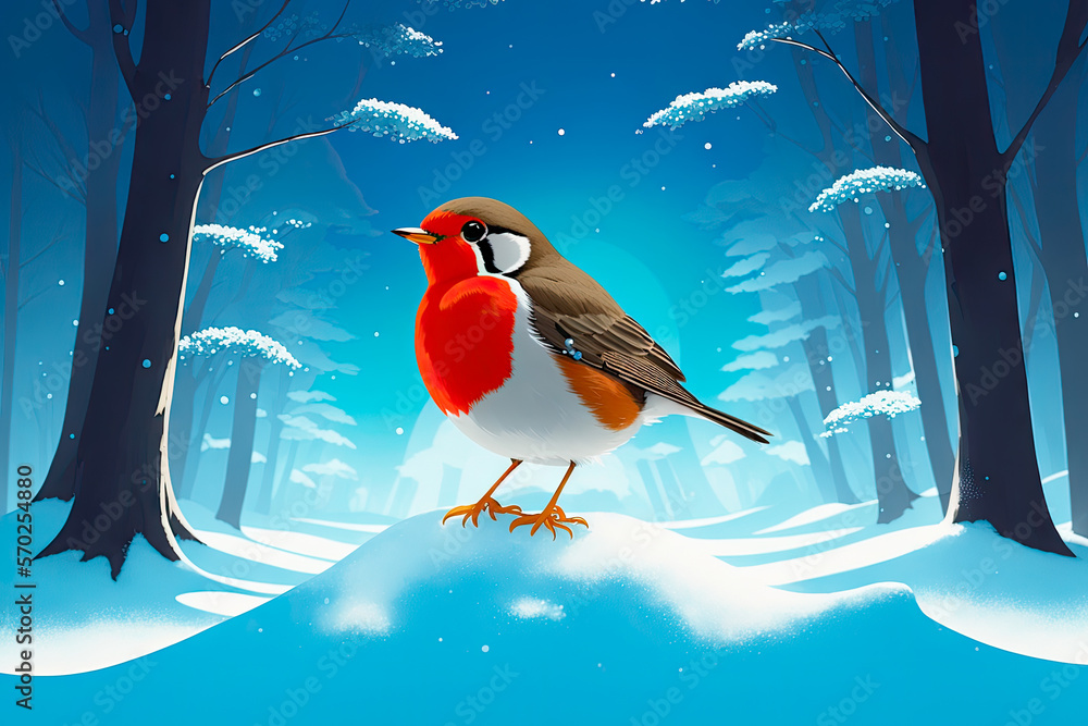 Fototapeta premium Beautiful European Robin (Erithacus rubecula) - Digital painting art. Generative AI