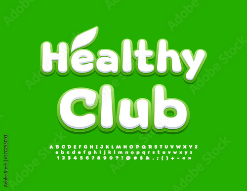 Fototapeta Naklejka Na Ścianę i Meble -  Vector eco Sign Healthy Club. White and Green bright Font. Creative Alphabet Letters, Numbers and Symbols