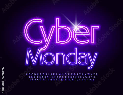 Vector neon Emblem Cyber Monday. Bright illuminated Font. Glowing Alphabet Letters, Numbers and Symbols