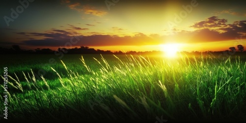 Sunrise on a natural green grass field. Generative AI