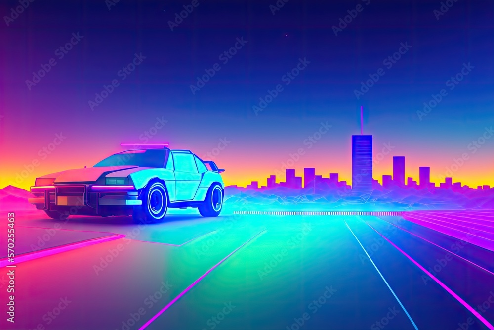 80s retro futuristic drive, vintage car. Synthwave sci-fi landscape ...