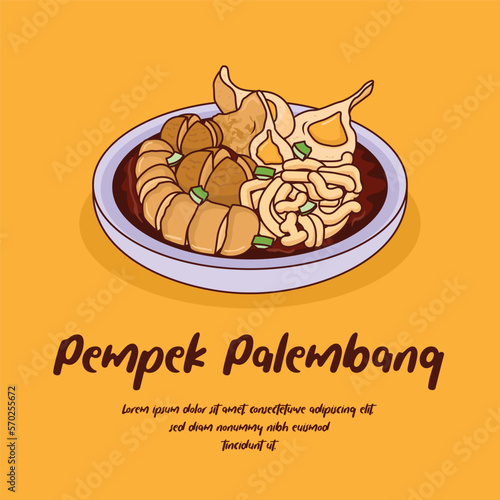 Hand drawn Indonesia traditional food pempek palembang illustration