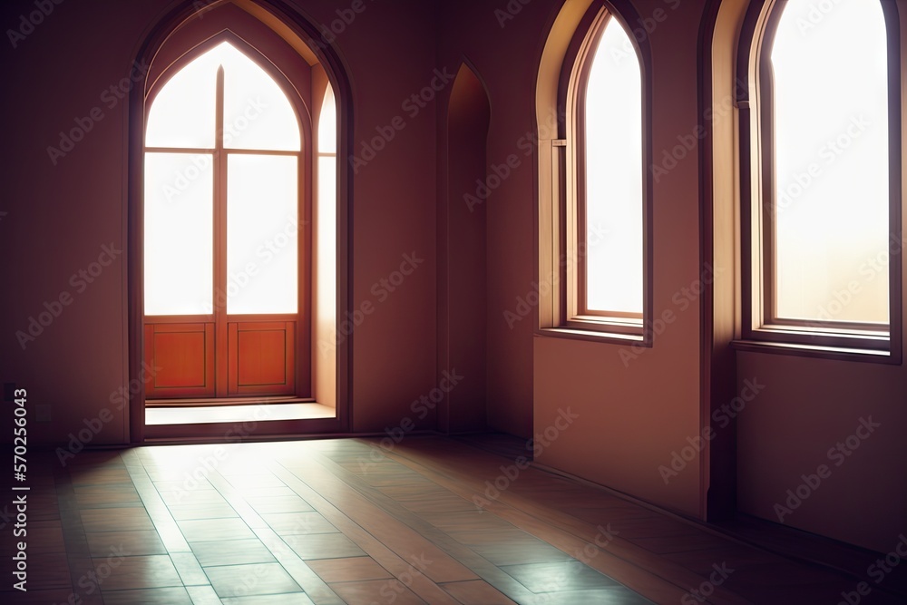 Islamic background painting. Mosque and shadows. Light rays from mosque window or door. Prayer's vision, generative ai. Muslim art. Islamic background painting. Mosque and shadows. Light rays from mosque window or door. Prayer's vision, generative ai. Muslim art.