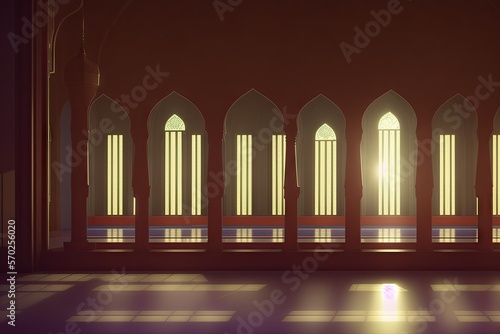 Islamic background painting. Mosque and shadows. Light rays from mosque window or door. Prayer's vision, generative ai. Muslim art.