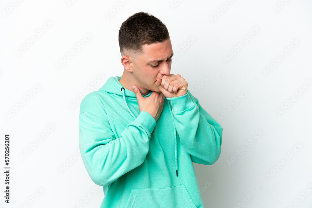 Young brazilian man isolated on white background coughing a lot Young brazilian man isolated on white background coughing a lot