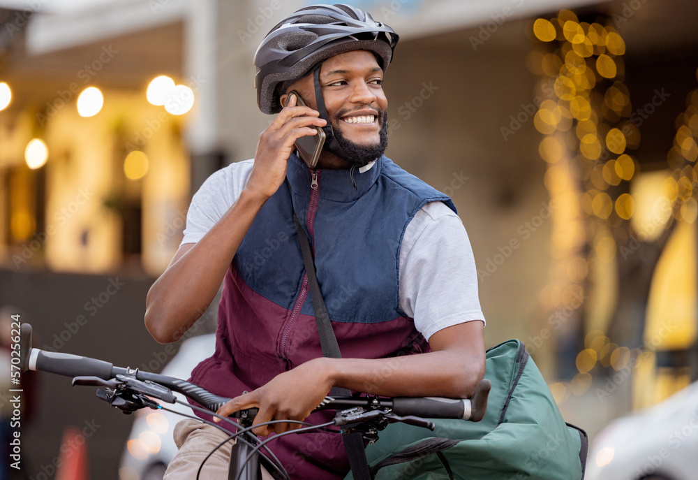 Bicycle food delivery man and phone call in courier services ecommerce communication and city transport. Urban logistics and black person talking on smartphone business networking and bike travel Stoc...