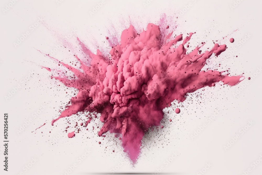 Pink powder explosion against a white background, isolated. Generative AI