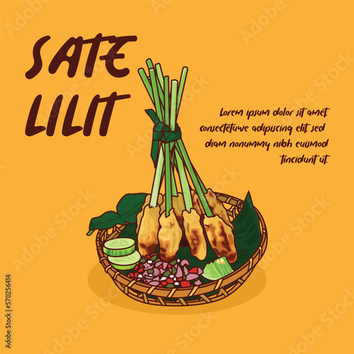 Hand drawn Indonesia traditional food satay lilit from bali illustration