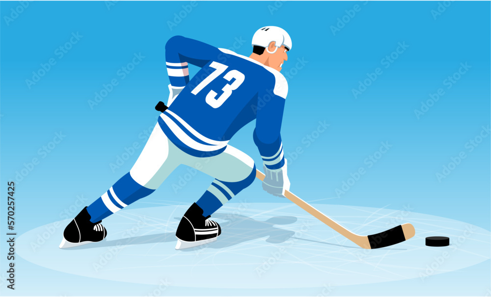 Obraz premium Hockey player in blue uniform dribbles the puck. Vector illustration