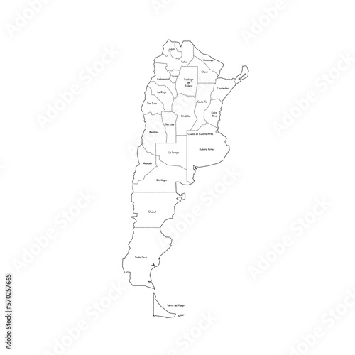 Argentina political map of administrative divisions - provinces and autonomous city of Buenos Aires. Handdrawn doodle style map with black outline borders and name labels.