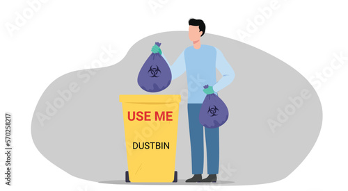Sharp disposal and a person dropping wastage in a dustbin for garbage disposal with trash polythene bag. Throwing away biohazard garbage bags. Team of hospital workers disposing of medical waste.