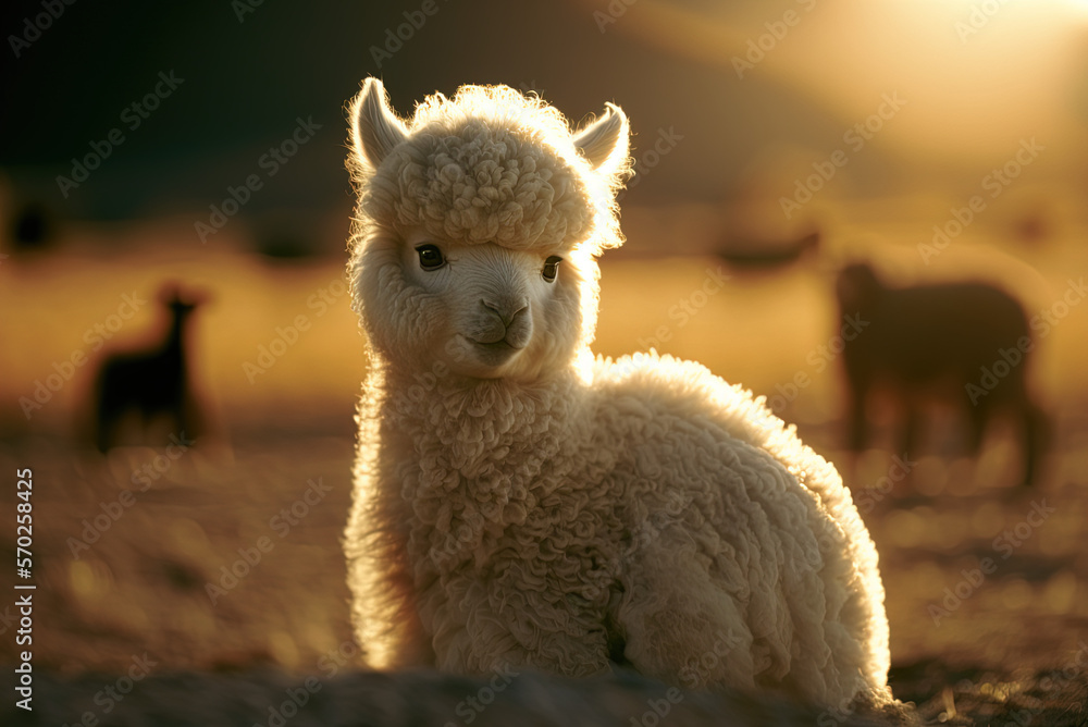 Fluffy baby alpaca, summer, dramatic light, sunlight. Generative AI. Fluffy baby alpaca, summer, dramatic light, sunlight. Generative AI.