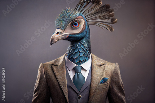 Portrait of a peacock dressed in a business suit in a studio photo. Generative AI. 