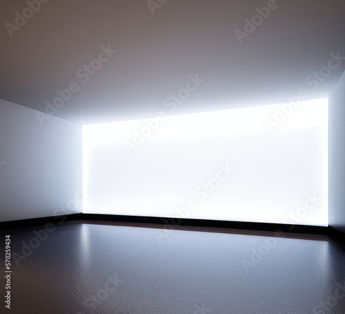 Empty room perspective background with fluorescent led light. Ai generated image.