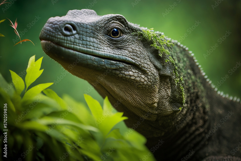 Close-up of a Komodo dragon in the bushes with a forest in the background. Ai generative