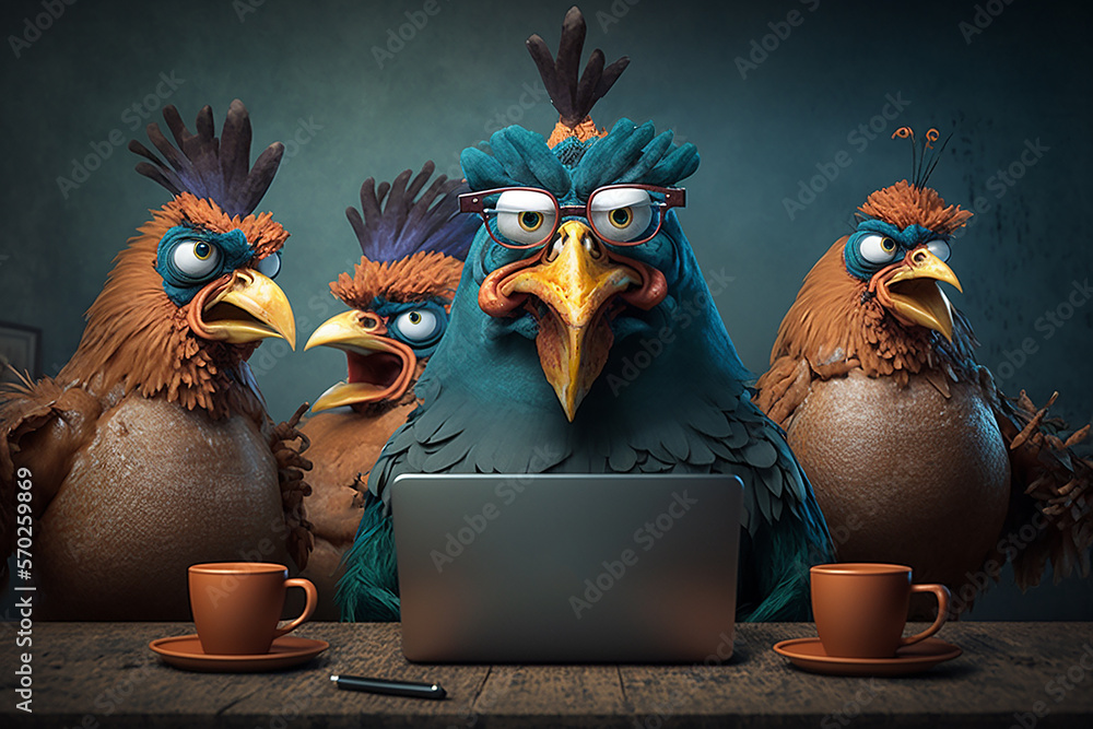 Fototapeta premium Angry rooster boss and three hens behind a laptop, office work concept. Generative AI