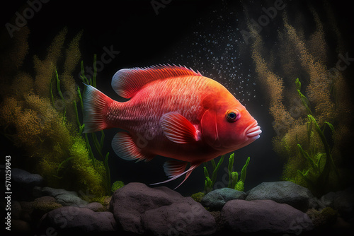 Red devil cichlid fish in aquarium with rocks and moss on black background. Ai generative