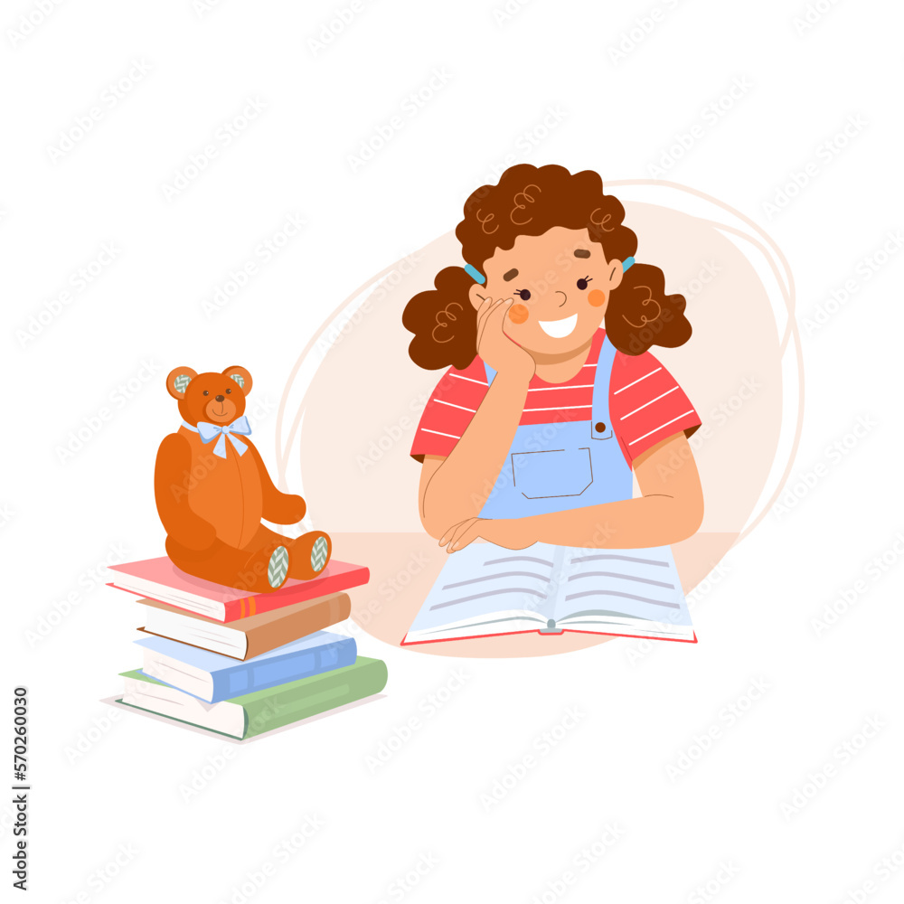 Little girl sits at table and reads book aloud to teddy bear. Child learns lessons at home. There is stack of books on table. Concept of education, literacy, learning, reading. Vector. Little girl sits at table and reads book aloud to teddy bear. Child learns lessons at home. There is stack of books on table. Concept of education, literacy, learning, reading. Vector.