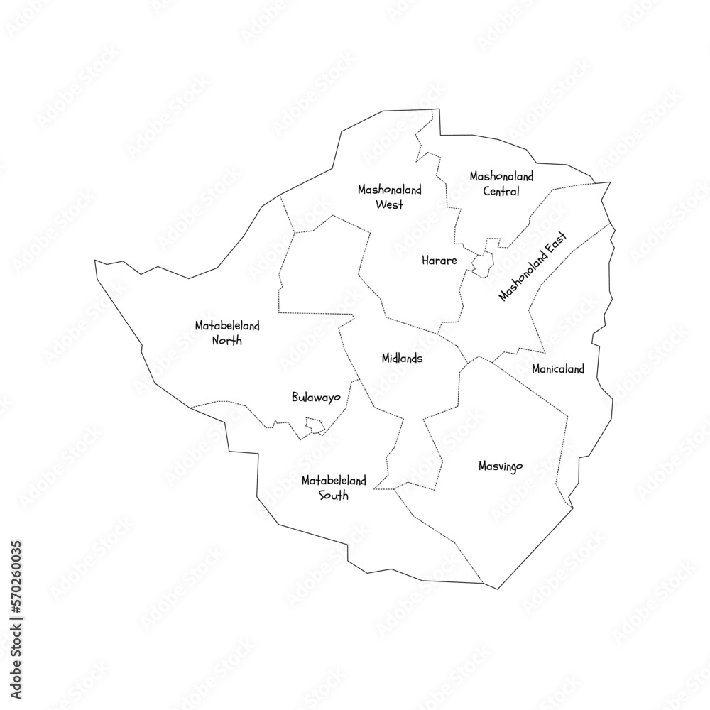 Zimbabwe political map of administrative divisions - provinces. Handdrawn doodle style map with black outline borders and name labels. - obrazy, fototapety, plakaty 