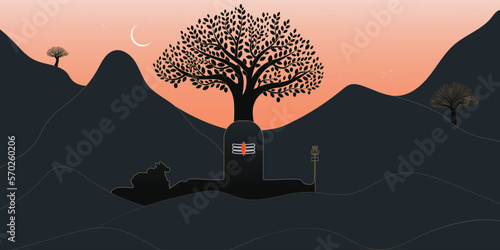 Vector illustration of golden line art lingam, trishul and nandi with vilvam tree silhouette background. pooja room decor, Greeting card, banner for Hindu festival Maha Shivratri backdrop.
