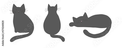 set of three vector cartoon gray cats isolated on transparent background