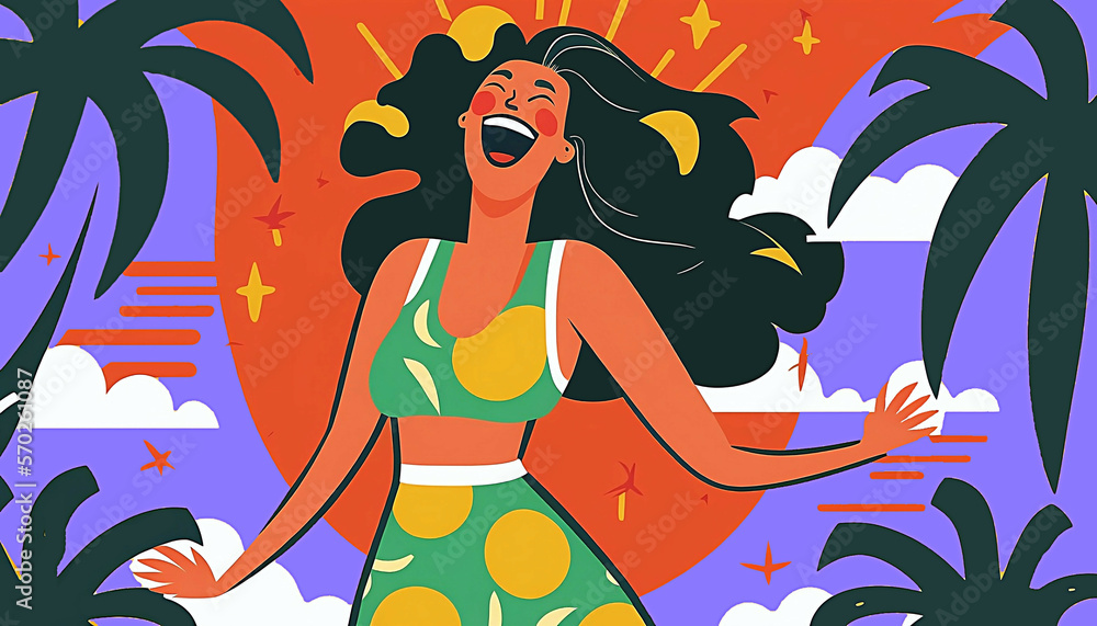happy joyful smiling shouting woman on pop art style tropical background new quality universal stock image wallpaper, generative ai happy joyful smiling shouting woman on pop art style tropical background new quality universal stock image wallpaper, generative ai