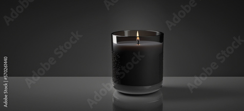 Black candle in a glass beaker on a black matte blurred background
