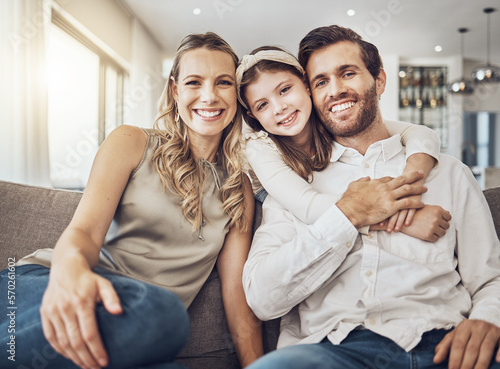 Portrait, mother or father hugging a girl to relax as a happy family in living room bonding in Australia with love or care. Trust, embrace or parents smile with kid enjoying quality time on a holiday