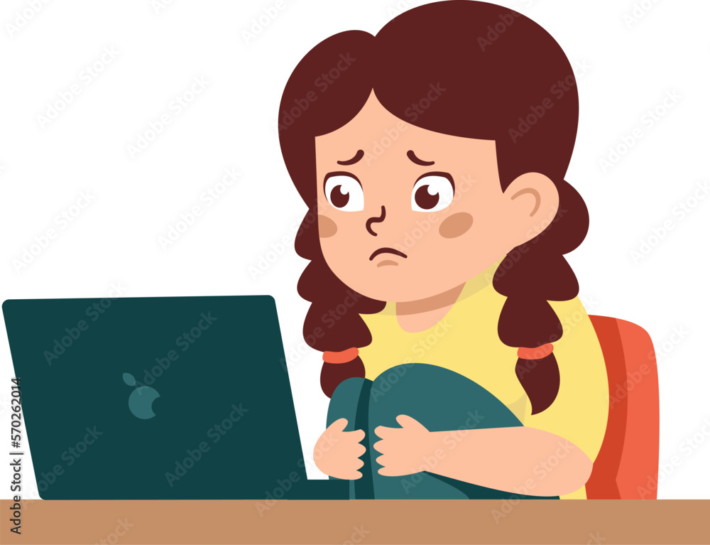 Flat vector illustration. The concept of dangerous materials for children on the Internet. A Little frightened girl looks at the monitor screen Flat vector illustration. The concept of dangerous materials for children on the Internet. A Little frightened girl looks at the monitor screen