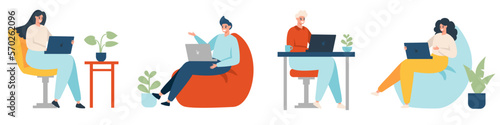 Set of flat vector illustrations. People working at the computer at home. The concept of working remotely. Girls and men working at a laptop 