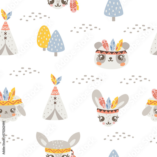 Seamless vector pattern. Cute animals in Indian armbands with feathers. Panda, deer, sheep, bunny. Crown of feathers on animals 